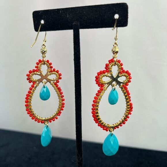 Orange and Blue Gold Dangle Earrings - Picture 3 of 3